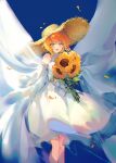  1girl :d bangs blonde_hair blue_background dress emma_(yakusoku_no_neverland) feet_out_of_frame flower gradient_hair green_eyes hat highres kinokohime looking_at_viewer medium_hair multicolored_hair orange_hair petals smile solo straw_hat sun_hat sunflower white_dress yakusoku_no_neverland yellow_flower yellow_headwear 