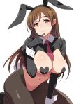  1girl animal_ears bangs blush breasts brown_eyes brown_hair covered_nipples fake_animal_ears fake_tail heart_pasties highres idolmaster idolmaster_cinderella_girls inue_shinsuke large_breasts long_hair long_sleeves looking_at_viewer meme_attire navel nitta_minami pasties rabbit_ears rabbit_tail revealing_clothes reverse_bunnysuit reverse_outfit shrug_(clothing) smile solo tail thighs wrist_cuffs 