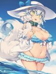  1girl animal_ears bikini blue_bikini blue_hair blue_sky breasts cleavage cloud collar day fang frilled_bikini frills green_collar green_eyes hair_between_eyes hat highres jacket kuromiya large_breasts long_hair looking_at_viewer multicolored_hair navel ocean open_clothes open_jacket open_mouth original outdoors partially_submerged shiromiya_asuka sky solo swimsuit tail twitter_username two-tone_hair white_hair white_headwear white_jacket 