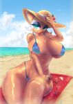  anthro beach bedding bedroom_eyes beverage big_breasts bikini blanket breasts clothing colored_nails detailed female hat headgear headwear invalid_background kiwanoni lipstick makeup nails narrowed_eyes rouge_the_bat seaside seductive sega sexy_eyes smile smirk solo sonic_the_hedgehog_(series) swimwear thick thick_thighs 