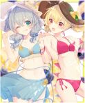  2girls ;p alternate_costume aoi_(annbi) bikini blonde_hair blue_bikini breasts crystal flandre_scarlet flower food food_on_head fruit fruit_on_head green_nails hat highres interlocked_fingers komeiji_koishi lemon looking_at_another low_twintails multiple_girls nail_polish navel object_on_head one_eye_closed open_mouth pink_nails red_eyes red_nails see-through small_breasts sun_hat sunflower swimsuit tongue tongue_out touhou twintails wings 