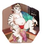  2022 absurd_res anthro asian_clothing belly clothing east_asian_clothing eyewear felid fundoshi glasses hi_res humanoid_hands japanese_clothing judicatorkoo licho_(tas) lifewonders male mammal moobs nipples overweight overweight_male pantherine red_clothing red_fundoshi red_underwear sitting solo tiger tokyo_afterschool_summoners underwear video_games white_body 