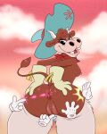  2022 anthro anus bovid bovine breasts butt cattle clothed clothing cuphead_(game) disembodied_hand esther_winchester_(cuphead) female genitals hi_res lonbluewolf looking_back looking_down mammal nipples open_mouth pussy solo tongue video_games 