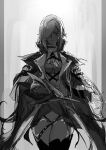  1girl a9712mob arknights ascot bangs cape commentary cropped_legs gladiia_(arknights) gloves greyscale hair_over_one_eye hat headwear_removed high_collar holding holding_clothes holding_hat looking_at_viewer monochrome one_eye_covered pointy_ears sketch smile solo thighhighs upper_body 