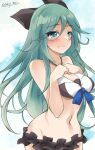  bikini black_bikini black_bow blue_background blush bow breasts dated embarrassed frilled_bikini frills frown gakky green_hair hair_between_eyes hair_bow hair_flaps hair_ornament hair_ribbon hairclip hands_on_own_chest kantai_collection long_hair medium_breasts navel ponytail ribbon signature swimsuit two-tone_background white_background yamakaze_(kancolle) 