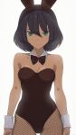  1girl absurdres akagi_(fmttps) animal_ears bare_shoulders black_hair bow bowtie breasts brown_bow brown_bowtie brown_leotard bunny_day cleavage closed_mouth dark-skinned_female dark_skin detached_collar fake_animal_ears fishnet_pantyhose fishnets girls_und_panzer green_eyes grey_background hair_between_eyes highres hoshino_(girls_und_panzer) leotard looking_at_viewer medium_breasts pantyhose playboy_bunny rabbit_ears short_hair simple_background solo thighs 