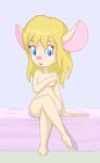  2022 anthro bed blonde_hair blue_eyes chip_&#039;n_dale_rescue_rangers covering covering_breasts covering_crotch covering_self crossed_legs disney embarrassed female furniture gadget_hackwrench hair itsjustflesh looking_at_viewer mammal mouse murid murine nude on_bed rodent shy sitting sitting_on_bed solo 