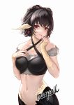  1girl au_ra avatar_(ff14) bangs bare_shoulders black_hair commentary criss-cross_halter final_fantasy final_fantasy_xiv halterneck highres horns looking_at_viewer maoyao-ll midriff navel parted_lips red_eyes short_hair simple_background solo stomach upper_body white_background 