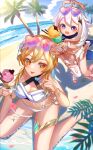  2girls :d :p absurdres beach blush breasts coconut eyewear_on_head from_above genshin_impact halftone heart heart-shaped_eyewear highres holding_ice_cream horizon leaf looking_at_another looking_at_viewer lumine_(genshin_impact) multiple_girls natsuki_yoru ocean paimon_(genshin_impact) palm_leaf palm_tree plant sand sitting smile sunglasses swimsuit thigh_strap tongue tongue_out tree wariza water 