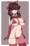  1girl :o ascot bikini bow brown_background brown_hair clothes_lift collared_shirt elbow_gloves formicid frilled_bow frilled_hair_tubes frills gloves hair_bow hair_tubes hakurei_reimu long_hair navel red_bikini red_bow red_eyes red_gloves red_shirt red_thighhighs shirt shirt_lift sidelocks sleeveless sleeveless_shirt solo swimsuit thighhighs touhou yellow_ascot 
