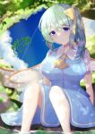  1girl absurdres ascot blue_dress blue_eyes blurry blush bow breasts button_gap cloud commentary_request daiyousei depth_of_field dress fairy_wings green_hair hair_between_eyes hair_bow highres large_breasts looking_at_viewer nisson_(nisiyuu) outdoors puffy_short_sleeves puffy_sleeves shirt short_hair short_sleeves side_ponytail sidelocks sitting sky smile solo touhou tree water white_shirt wings yellow_ascot yellow_bow 