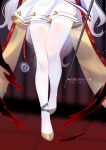  ankle_ribbon artist_name azur_lane blurry blurry_background chinese_commentary commentary_request dated dress gold_footwear gradient_hair grey_hair highres le_malin_(azur_lane) leg_ribbon legs long_hair lower_body multicolored_hair pantyhose pocket_watch red_ribbon ribbon sash slippers thigh_gap thighband_pantyhose thighs very_long_hair watch white_dress white_hair white_pantyhose xiao_shi_lullaby 