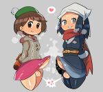  2girls akari_(pokemon) arms_behind_back backpack bag black_pantyhose blue_eyes blue_hair blue_kimono brown_eyes brown_hair closed_mouth clothes_lift cropped_legs erection futanari gloria_(pokemon) green_headwear green_skirt grey_background grey_hoodie hat head_scarf heart heart-shaped_pupils highres hood hood_down hoodie japanese_clothes kimono looking_at_viewer medium_hair miniskirt multiple_girls no_panties obi pantyhose penis penis_outside pokemon pokemon_(game) pokemon_legends:_arceus pokemon_swsh precum rariatto_(ganguri) red_scarf sash scarf shared_speech_bubble simple_background skirt skirt_lift smile speech_bubble spoken_heart standing symbol-shaped_pupils testicles 