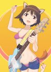  1girl 2022 animal_ears barefoot bikini blue_shorts blush breasts brown_eyes brown_hair collarbone dog_ears dog_girl dog_tail feet guitar happy_birthday heart heart-shaped_pupils highres holding holding_plectrum instrument keicha_(kmoekaki) looking_at_viewer miyafuji_yoshika navel open_clothes open_mouth open_shorts pink_bikini plectrum raccoon_ears raccoon_tail shiny shiny_hair short_hair short_shorts shorts side-tie_bikini small_breasts smile soles solo strike_witches swimsuit symbol-shaped_pupils tail toes world_witches_series 