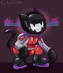  2022 anthro biped black_body boots bulge clothed clothing digital_drawing_(artwork) digital_media_(artwork) domestic_cat drone ectodrool eyeless felid feline felis footwear glistening headphones hi_res long_tail male mammal monstercat monstercat_media rindeadsong rubber rubber_boots simple_background solo 