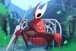  4_fingers anthro arthropod bench black_body bottomless butt clothed clothing female fingers gekasso genitals hi_res hollow_knight hornet_(hollow_knight) insect pussy sitting solo team_cherry video_games 