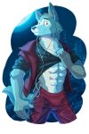  2022 absurd_res anthro beastars black_clothing black_shirt black_topwear bottomwear canid canine canis clothing earbuds forest full_moon fur headphones hi_res legoshi_(beastars) leo-artis male mammal moon muscular muscular_anthro muscular_male netflix night_sky plant red_bottomwear red_clothing red_topwear red_vest shirt signature smile solo teenager topwear tree vest wolf young 