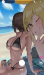  2girls arm_support bangs battery_indicator beach bikini blonde_hair breasts brown_hair cleavage large_breasts long_hair looking_at_viewer looking_away multiple_girls navel ocean one_eye_closed original phone_screen pink_nails selfie shade sitting smile strap_gap swept_bangs swimsuit tomiokasena umbrella v_over_mouth viewfinder yellow_eyes 