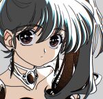  1girl alternate_hair_color asagiri_youko bangs black_hair brown_eyes brown_hair collarbone colored_inner_hair earrings genmu_senki_leda grey_background hair_behind_ear highres hrn_yc jewelry looking_at_viewer multicolored_hair side_ponytail solo 