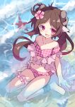  1girl :d absurdres animal_ears arknights bangs bare_shoulders barefoot bikini blush brown_hair collarbone commentary eyjafjalla_(arknights) eyjafjalla_(summer_flowers)_(arknights) flower from_above hair_flower hair_ornament highres horns ichi_(ichi.colors) long_hair looking_at_viewer looking_up off-shoulder_bikini off_shoulder parted_bangs pink_bikini pink_flower shallow_water sheep_ears sheep_girl sheep_horns sitting smile solo starfish swimsuit very_long_hair water 