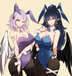  2girls angel_wings animal_ears arm_tattoo ass_visible_through_thighs bangs bare_shoulders bird_wings black_hair black_pantyhose black_wings blue_leotard blue_wings bow bowtie breasts cleavage contrapposto covered_navel cowboy_shot cross cross_earrings detached_collar drop_earrings earrings fake_animal_ears feathered_wings heart heart_tattoo highres iizunamaru_megumu jewelry kishin_sagume large_breasts leotard long_hair low_wings multiple_girls pantyhose playboy_bunny pointy_ears purple_leotard rabbit_ears raptor7 red_eyes shoulder_tattoo single_wing standing tattoo thighband_pantyhose touhou white_wings wings wrist_cuffs 