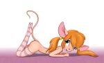  2016 alternate_hairstyle anthro blue_eyes chip_&#039;n_dale_rescue_rangers clothing disney female gadget_hackwrench itsjustflesh legwear looking_up lying mammal mouse murid murine nude on_front pattern_clothing pattern_legwear pattern_stockings pigtails pink_background rodent simple_background solo stockings striped_clothing striped_legwear striped_stockings stripes 