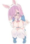  1girl :o animal_ears black-framed_eyewear blade_(galaxist) blue_capelet blue_eyes blue_footwear bob_cut boots breasts capelet cleavage fake_animal_ears fate/grand_order fate_(series) glasses hair_over_one_eye hands_up highres large_breasts looking_at_viewer mash_kyrielight medium_hair neckerchief one_eye_covered parted_lips pink_hair rabbit_ears red_neckerchief simple_background solo squatting thighhighs white_background white_thighhighs 