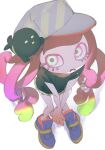  1girl black_shirt blonde_hair clownfish colored_eyelashes d: drooling fish frown green_eyes green_hair green_skirt harmony&#039;s_clownfish_(splatoon) harmony_(splatoon) hat highres hossi low_twintails miniskirt multicolored_eyes multicolored_footwear multicolored_hair no_nose open_mouth pink_eyes pink_hair purple_pupils shirt shoes short_sleeves sideways_hat simple_background skirt sneakers splatoon_(series) splatoon_3 standing striped striped_headwear tentacle_hair twintails v_arms white_background 