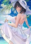  1girl black_hair blue_sky breasts cloud cowboy_shot day dress from_behind hat highres horizon kantai_collection large_breasts looking_at_viewer looking_back ocean outdoors panda_(heart_sink) red_eyes short_hair skirt_hold sky solo sun_hat sundress takao_(kancolle) white_dress white_headwear 