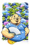  2022 absurd_res anthro beard belly big_belly black_nose blue_eyes canid canine canis clothing domestic_dog eyewear facial_hair flower glasses hi_res humanoid_hands kemono male mammal navel overweight overweight_male plant shirt solo topwear tunx2 