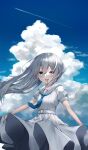  1girl :d absurdres bangs blue_eyes blue_necktie blue_sky blush breasts cloud commentary contrail cumulonimbus_cloud day dress english_commentary floating_hair grey_hair hair_between_eyes highres long_hair looking_at_viewer necktie neku_(neku_draw) original outdoors pleated_dress puffy_short_sleeves puffy_sleeves sailor_collar sailor_dress short_sleeves sky small_breasts smile solo very_long_hair white_dress white_sailor_collar 