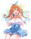  1girl absurdres bangs bare_shoulders birthday blonde_hair blue_skirt blush bow braid breasts brown_hair cleavage collarbone commentary_request cowboy_shot crossed_bangs curvy dress frilled_sleeves frills hair_between_eyes hair_bow hands_up headphones headphones_around_neck highres holding holding_headphones indie_virtual_youtuber kanola_u large_breasts legs_together long_hair looking_at_viewer off-shoulder_dress off_shoulder open_mouth orange_hair original palm_leaf red_eyes shirt sidelocks simple_background sitting skirt smile solo teeth thick_thighs thighs twin_braids upper_teeth white_background white_shirt 