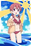  1girl :o bangs bikini blue_sky blush breasts brown_jacket cleavage cloud commentary_request day flying_sweatdrops front-tie_bikini front-tie_top hair_between_eyes hair_over_shoulder jacket long_hair long_sleeves looking_at_viewer low_twintails medium_breasts murosaki_miyo nekotoufu off_shoulder onii-chan_wa_oshimai open_clothes open_jacket open_mouth polka_dot polka_dot_bikini puffy_long_sleeves puffy_sleeves purple_eyes red_bikini red_hair sky sleeves_past_wrists solo sun_symbol swimsuit twintails water 