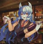  1girl alcohol bangs bar bartender blue_hair blurry blurry_background bottle brown_vest collared_shirt commission cup drinking_glass highres holding holding_cup indoors long_hair long_sleeves looking_at_viewer nail_polish necktie open_mouth orange_shirt personification polterghast red_eyes red_nails red_necktie shirt solo terraria tomatolover16 vest wine wine_bottle wine_glass 