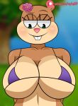  2021 anthro big_breasts bikini bikini_top breasts brown_body buckteeth clothing digital_media_(artwork) eyelashes female flower green_eyes half-closed_eyes hands_behind_back hi_res huge_breasts looking_down mammal multicolored_body narrowed_eyes nickelodeon patreon pink_nose plant raydonxd rodent sandy_cheeks sciurid smile solo spongebob_squarepants swimwear tan_body teeth tree_squirrel two_tone_body 