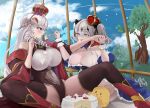  2girls algerie_(azur_lane) algerie_(red_queen&#039;s_decree)_(azur_lane) azur_lane bare_shoulders blush breasts cake cleavage crown drill_hair food hair_ornament highres hoyuring joffre_(azur_lane) joffre_(ensorcelled_snow_white)_(azur_lane) large_breasts multiple_girls navel ponytail simple_background smile thick_thighs thighhighs thighs 