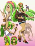  1girl alien armpits bare_legs breasts burger_king cellphone collarbone commentary cup drinking_straw earbuds earphones extra_arms extra_eyes fewer_digits full_body gradient gradient_background green_hair hair_ornament hair_scrunchie hairband half-life hand_mirror highres holding holding_cup holding_phone jacket long_hair looking_at_viewer medium_breasts mirror monster_girl multiple_views phone pink_background red_eyes scrunchie shoes shorts simple_background smartphone smile sneakers solo substance20 very_long_hair vortigaunt white_background 