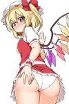  1girl ass ass_focus blonde_hair blush flandre_scarlet from_behind hat highres looking_back mob_cap panties pointy_ears puffy_short_sleeves puffy_sleeves red_eyes red_skirt red_vest short_sleeves simple_background skirt solo suwa_yasai touhou underwear vest white_background white_headwear white_panties wings 