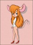  2015 anthro bottomless canid canine chip_&#039;n_dale_rescue_rangers clothed clothing clothing_pull disney female footwear fox gadget_hackwrench hi_res high_heels itsjustflesh looking_at_viewer mammal mouse murid murine pink_background red_clothing red_footwear red_shoes rodent shirt shirt_pull shoes simple_background smile solo topwear topwear_pull white_clothing white_shirt white_topwear 