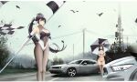  2girls absurdres animal_ears atago_(azur_lane) atago_(stunning_speedster)_(azur_lane) azur_lane bikini bird black_bikini black_hair breasts car checkered_flag cleavage commentary crop_top cropped_jacket dodge dodge_challenger dog_ears dog_girl flag ford ford_mustang ground_vehicle highres incredibly_absurdres kcar66t large_breasts leotard long_hair motor_vehicle multiple_girls muscle_car official_alternate_costume pantyhose ponytail power_lines product_placement race_queen revision road swimsuit takao_(azur_lane) takao_(full_throttle_charmer)_(azur_lane) thighhighs tower umbrella utility_pole 