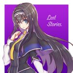  1girl black_capelet black_hair black_hairband black_jacket border breasts capelet clenched_hand code_geass code_geass:_lost_stories collared_shirt dslv hair_intakes hairband jacket long_hair looking_at_viewer maya_disel medium_breasts necktie parted_lips purple_background shirt solo very_long_hair white_border white_shirt yellow_necktie 