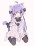  1girl ahoge animal_ear_fluff animal_ears bandaid bandaid_on_clothes bandaid_on_leg bangs bell between_legs black_bow black_bowtie black_ribbon black_thighhighs bow bowtie cat_ears cat_girl cat_tail collar collared_shirt cuts daizu_(melon-lemon) detached_ahoge dress_shirt frilled_collar frills full_body hair_bell hair_bow hair_ornament hand_between_legs heart heart_in_eye highres injury jingle_bell long_hair long_sleeves looking_at_viewer maid_headdress neck_bell off_shoulder open_clothes open_mouth open_shirt original purple_eyes purple_hair ribbon self_harm shirt sidelocks simple_background sitting sleeves_past_wrists solo sweat symbol_in_eye tail tail_bow tail_ornament tail_ribbon tareme thighhighs v_arms very_long_hair wariza white_background white_shirt 