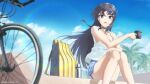  1girl absurdres bangs bare_legs bicycle black_hair blue_nails blue_sky breasts camisole cleavage cloud collarbone cup ground_vehicle hair_ornament hairpin highres large_breasts long_hair looking_at_viewer nail_polish outdoors parted_lips purple_eyes raiz_art_works revision sakurajima_mai seishun_buta_yarou shorts sitting sky solo spaghetti_strap vest white_vest 