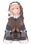  1boy androgyne_symbol ass black_pantyhose blonde_hair boots bridget_(guilty_gear) bulge crossdressing fingerless_gloves gloves guilty_gear highres looking_at_viewer makabe_gorou male_focus nun panties panties_under_pantyhose pantyhose red_eyes simple_background smile solo squatting underwear veil white_background white_gloves 