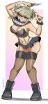  1girl bags_under_eyes bangs black_skirt blonde_hair boku_no_hero_academia boots breasts bustier chris_metzner cleavage double_bun fangs hair_bun highres holding holding_knife knife large_breasts lingerie messy_hair microskirt navel open_mouth scrunchie sidelocks simple_background skirt smile solo suspender_skirt suspenders thighhighs toga_himiko underwear wrist_scrunchie yellow_eyes 