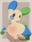  balls blush bodily_fluids fisuku generation_3_pokemon genital_fluids genitals hi_res looking_at_viewer lying male minun nintendo nude penis pok&eacute;mon precum solo video_games 