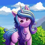  2022 blue_hair blue_tail cloud day equid equine female feral hair hasbro hi_res horn izzy_moonbow_(mlp) long_hair looking_at_viewer mammal mlp_g5 my_little_pony outside purple_body purple_eyes signature sky smile solo standing unicorn unicorn_horn zachc 