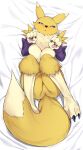  anthro bandai_namco breasts canid canine digimon digimon_(species) featureless_breasts featureless_crotch female fur hi_res illust_kuma looking_at_viewer mammal nude renamon solo white_body white_fur yellow_body yellow_fur 