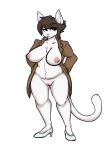  2022 anthro brown_hair cigarette clothing coalcat coat domestic_cat felid feline felis female footwear fur genitals hair hi_res high_heels inverted_nipples mammal mature_female narae nipples pussy solo topwear trenchcoat white_body white_fur 