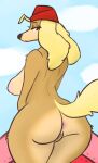  anthro anus big_breasts blonde_hair breasts bustingmangos butt canid canine canis clothing cuphead_(game) digital_media_(artwork) domestic_dog eyelashes female fur genitals hair half-closed_eyes hat hat_only headgear headgear_only headwear headwear_only hi_res hunting_dog looking_at_viewer looking_back mammal mostly_nude narrowed_eyes nipples pilot_saluki_(cuphead) presenting presenting_hindquarters pussy rear_view saluki sighthound simple_background solo video_games 